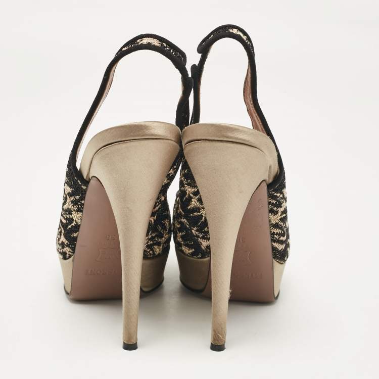 Pre Owned Missoni Black/Grey Lace and Satin Peep Toe Platform Slingback Pumps Size 38