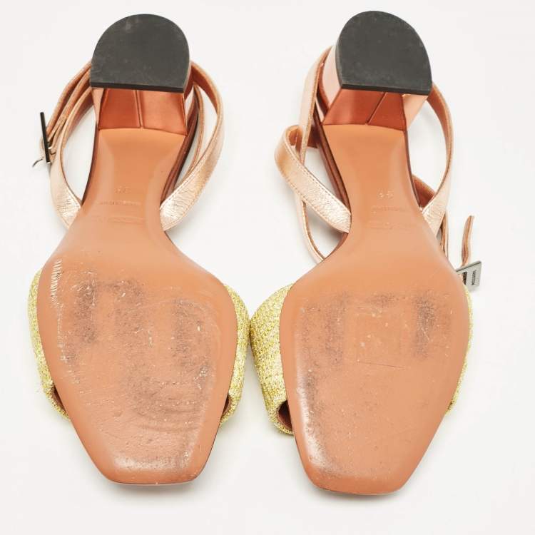 Pre Owned Missoni Gold/Yellow Leather and Lurex Fabric Ankle Strap Sandals Size 38