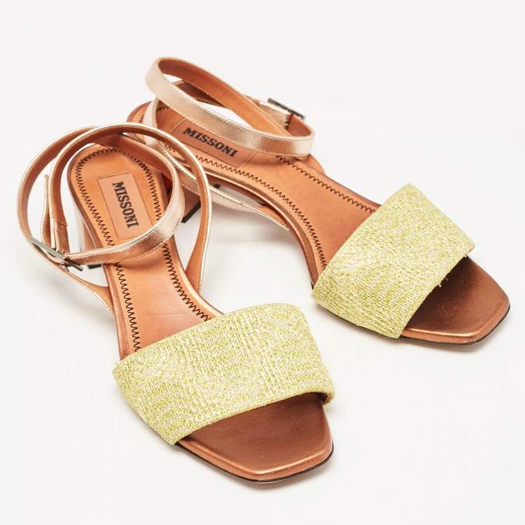Pre Owned Missoni Gold/Yellow Leather and Lurex Fabric Ankle Strap Sandals Size 38