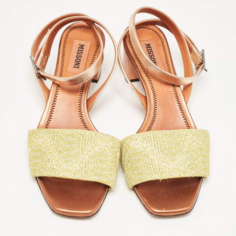 Pre Owned Missoni Gold/Yellow Leather and Lurex Fabric Ankle Strap Sandals Size 38