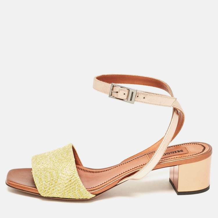 Pre Owned Missoni Gold/Yellow Leather and Lurex Fabric Ankle Strap Sandals Size 38