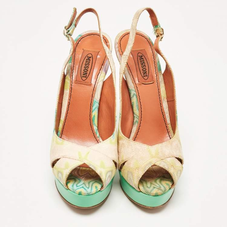 Pre Owned Missoni Multicolour Knit Fabric Peep Toe Platform Slingback Sandals Size 38