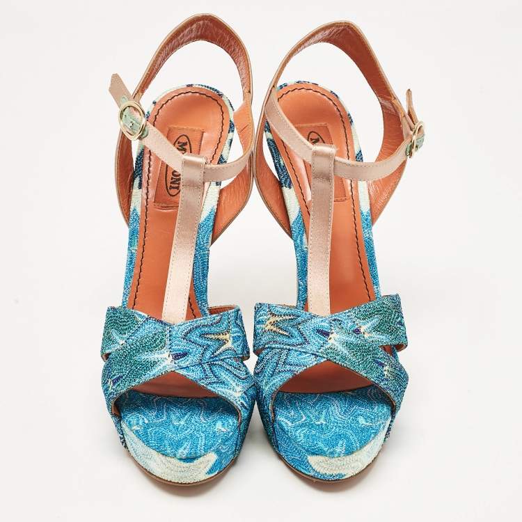 Pre Owned Missoni Blue/Brown Knit Fabric and Leather T-Strap Platform Sandals Size 39