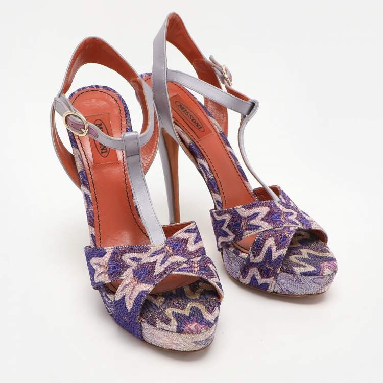 Pre Owned Missoni Grey/Purple Knit Fabric and Leather T-Strap Platform Sandals Size 40