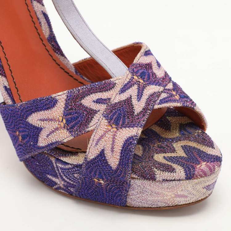 Pre Owned Missoni Grey/Purple Knit Fabric and Leather T-Strap Platform Sandals Size 40