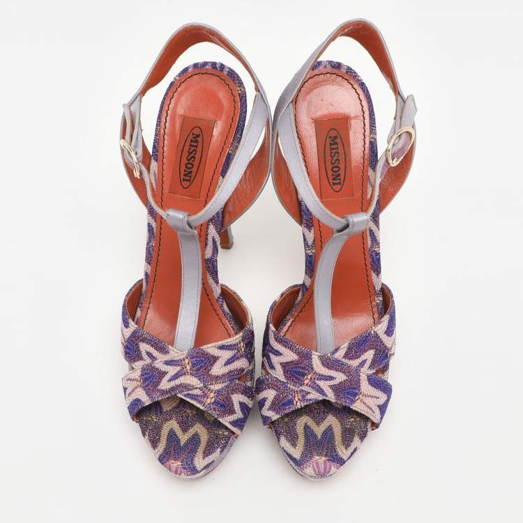 Pre Owned Missoni Grey/Purple Knit Fabric and Leather T-Strap Platform Sandals Size 40