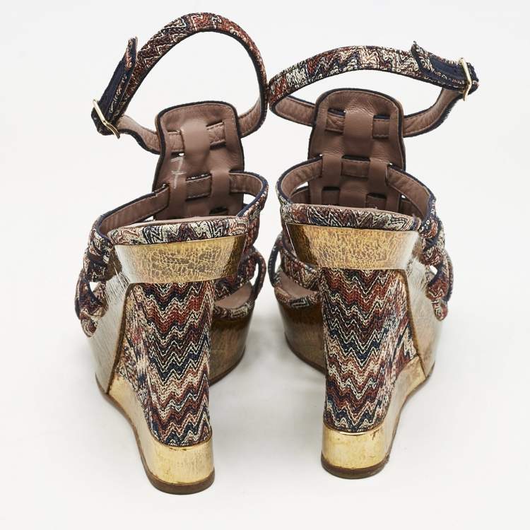 Pre Owned Missoni Multicolor Zigzag Print Fabric and Leather Wedge Ankle Strap Sandals Size 37
