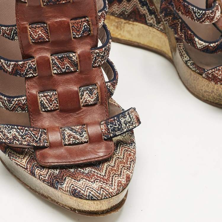 Pre Owned Missoni Multicolor Zigzag Print Fabric and Leather Wedge Ankle Strap Sandals Size 37