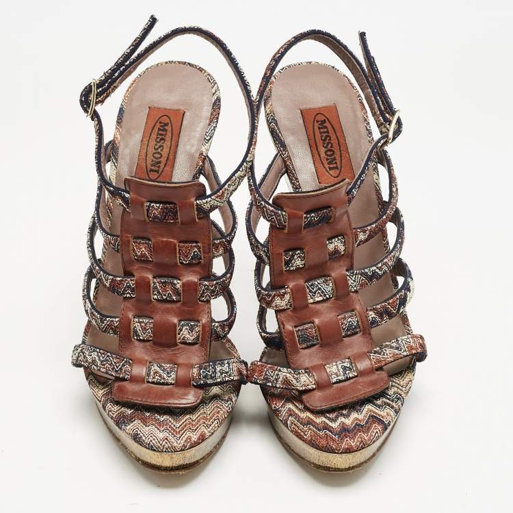 Pre Owned Missoni Multicolor Zigzag Print Fabric and Leather Wedge Ankle Strap Sandals Size 37