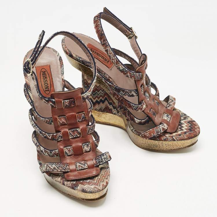 Pre Owned Missoni Multicolor Zigzag Print Fabric and Leather Wedge Ankle Strap Sandals Size 37