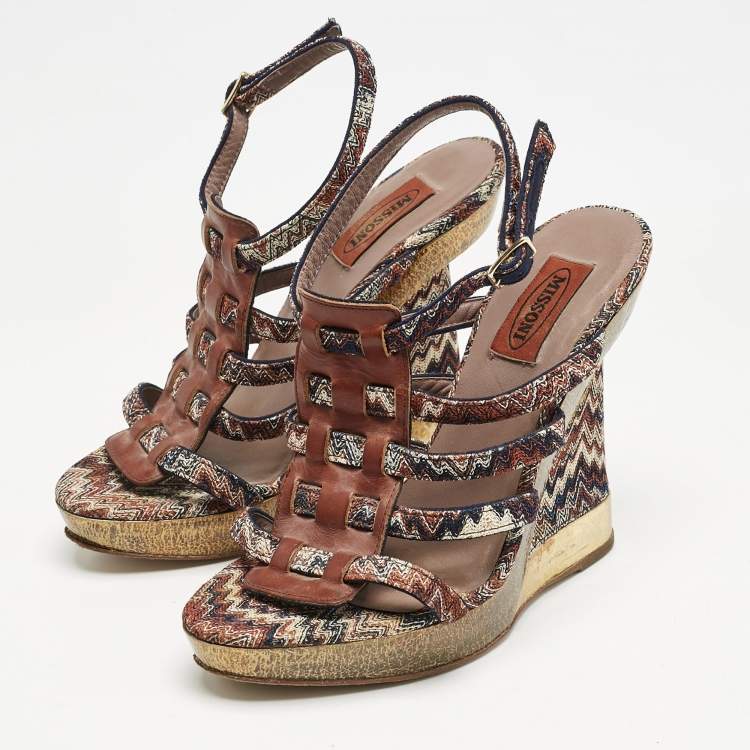 Pre Owned Missoni Multicolor Zigzag Print Fabric and Leather Wedge Ankle Strap Sandals Size 37