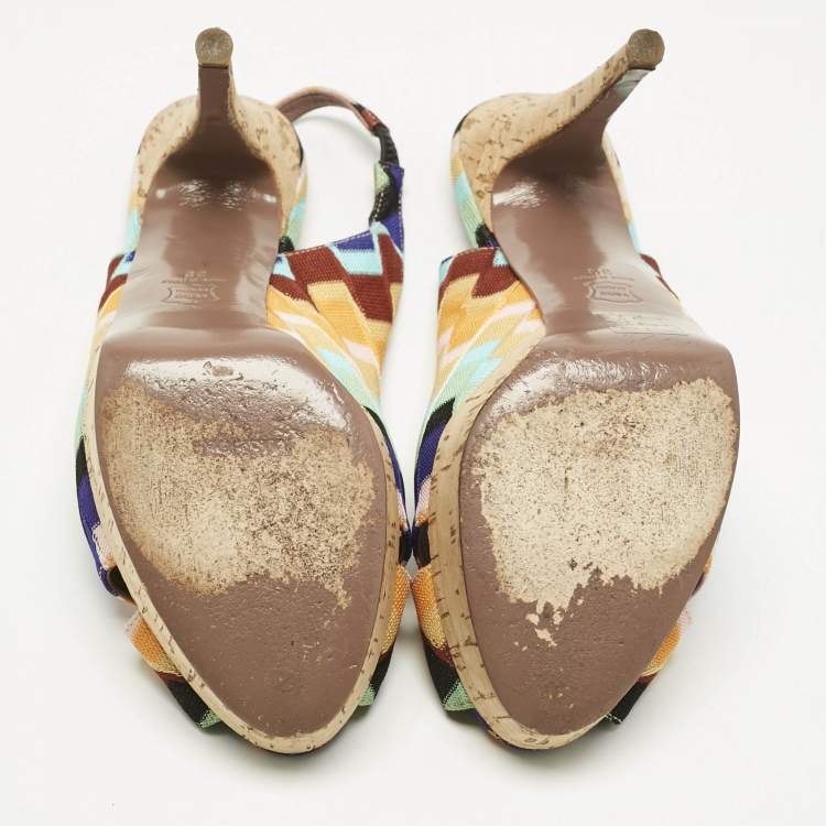 Pre Owned Missoni Multicolor Knit Fabric Platform Peep Toe Slingback Sandals Size 39
