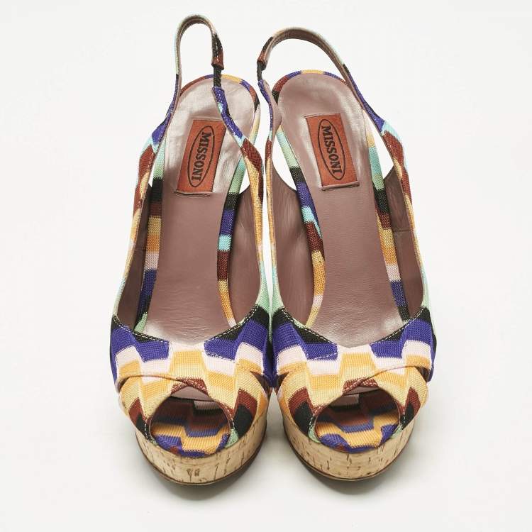 Pre Owned Missoni Multicolor Knit Fabric Platform Peep Toe Slingback Sandals Size 39