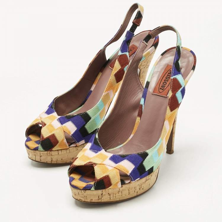 Pre Owned Missoni Multicolor Knit Fabric Platform Peep Toe Slingback Sandals Size 39