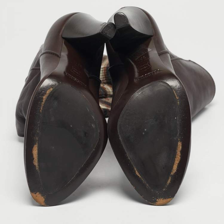 Pre Owned Missoni Brown Leather and Knit Fabric Knee High Boots Size 37.5