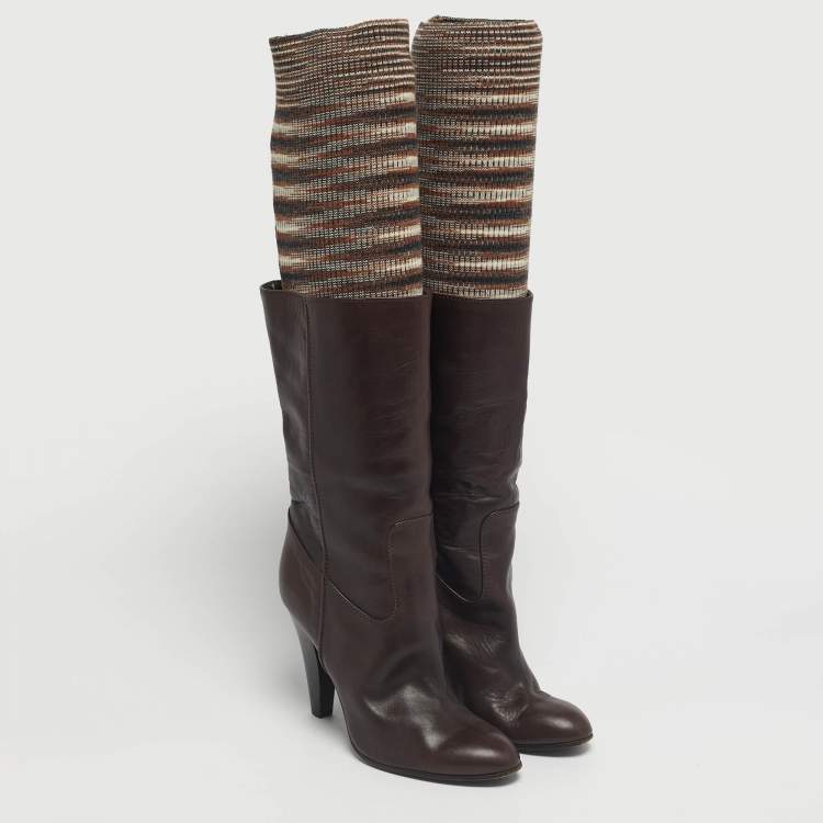 Pre Owned Missoni Brown Leather and Knit Fabric Knee High Boots Size 37.5