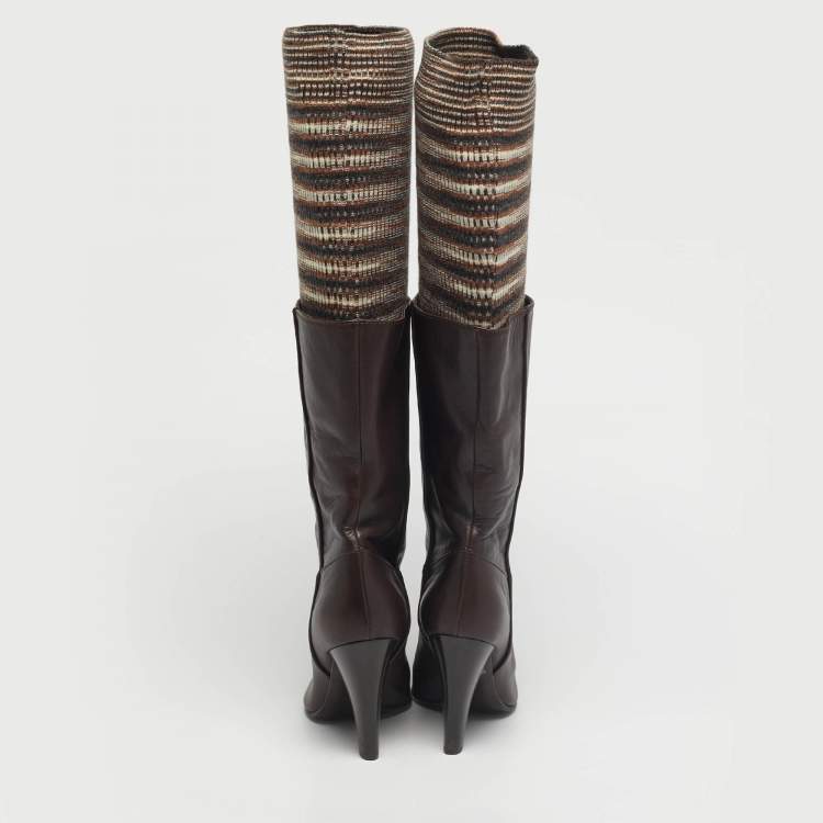 Pre Owned Missoni Brown Leather and Knit Fabric Knee High Boots Size 37.5