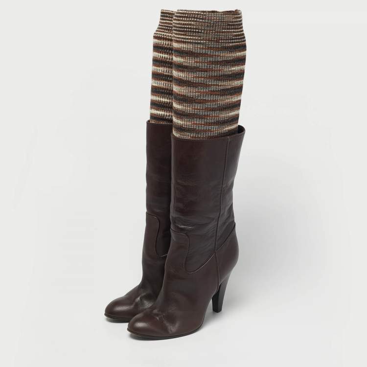 Pre Owned Missoni Brown Leather and Knit Fabric Knee High Boots Size 37.5