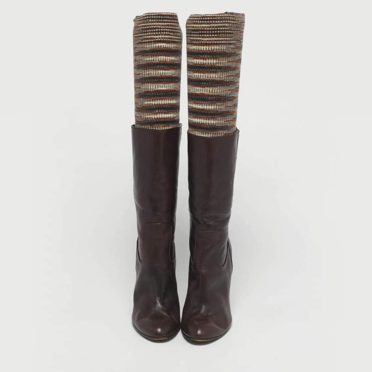 Pre Owned Missoni Brown Leather and Knit Fabric Knee High Boots Size 37.5