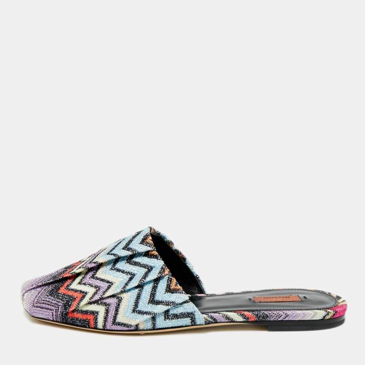 Pre Owned Missoni Multicolor Zig Zag Metallic Fabric Flat Mules Size 37 