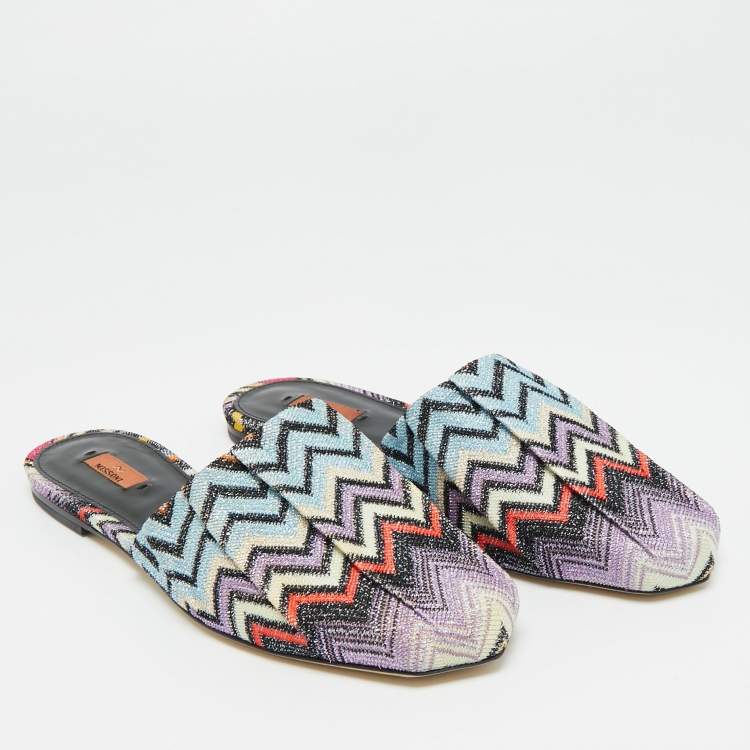Pre Owned Missoni Multicolor Zig Zag Metallic Fabric Flat Mules Size 37 