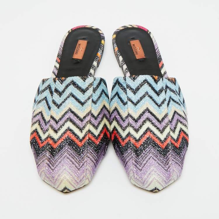 Pre Owned Missoni Multicolor Zig Zag Metallic Fabric Flat Mules Size 37 