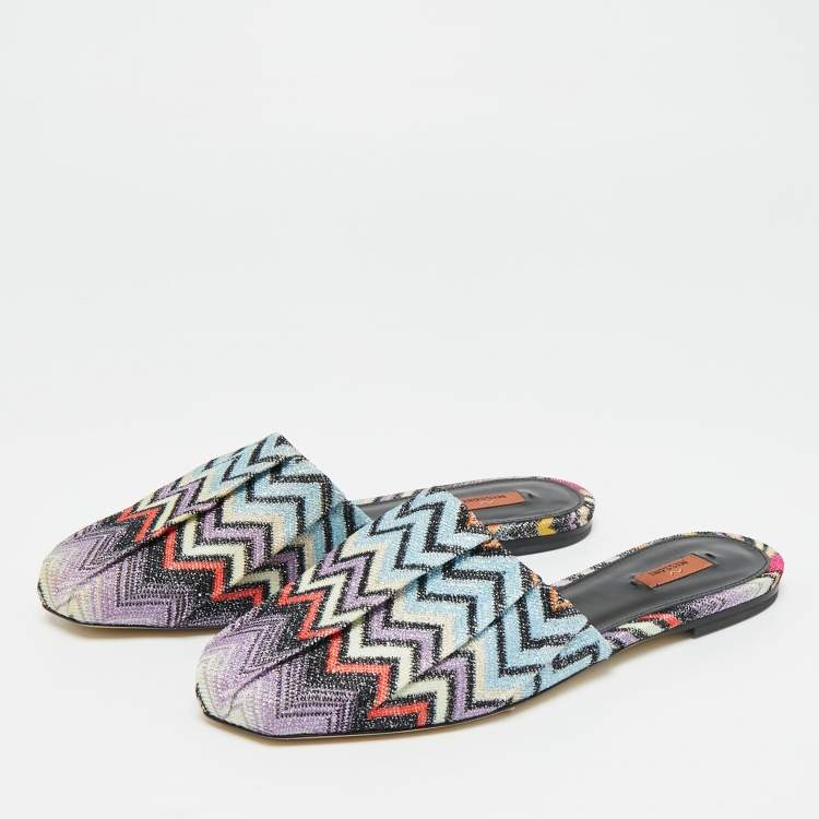 Pre Owned Missoni Multicolor Zig Zag Metallic Fabric Flat Mules Size 37 