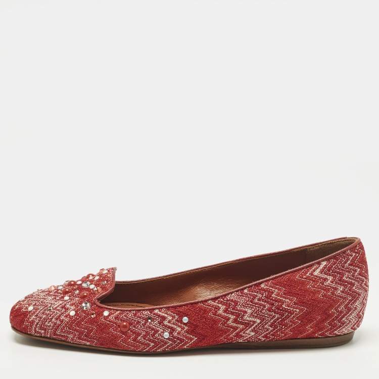 Pre Owned Missoni Size 38 Red Lurex Fabric Crystal Embellished Ballet Flats