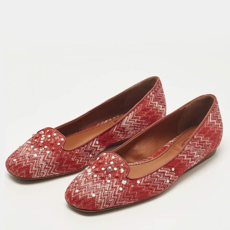 Pre Owned Missoni Size 38 Red Lurex Fabric Crystal Embellished Ballet Flats