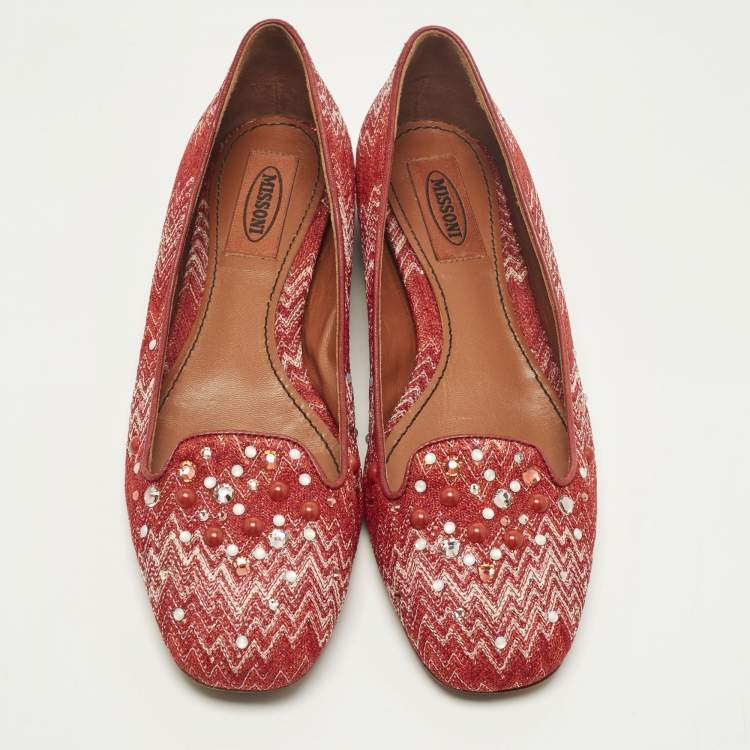 Pre Owned Missoni Size 38 Red Lurex Fabric Crystal Embellished Ballet Flats