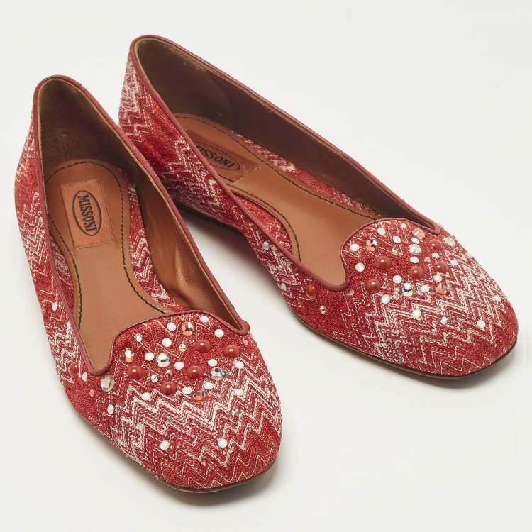 Pre Owned Missoni Size 38 Red Lurex Fabric Crystal Embellished Ballet Flats