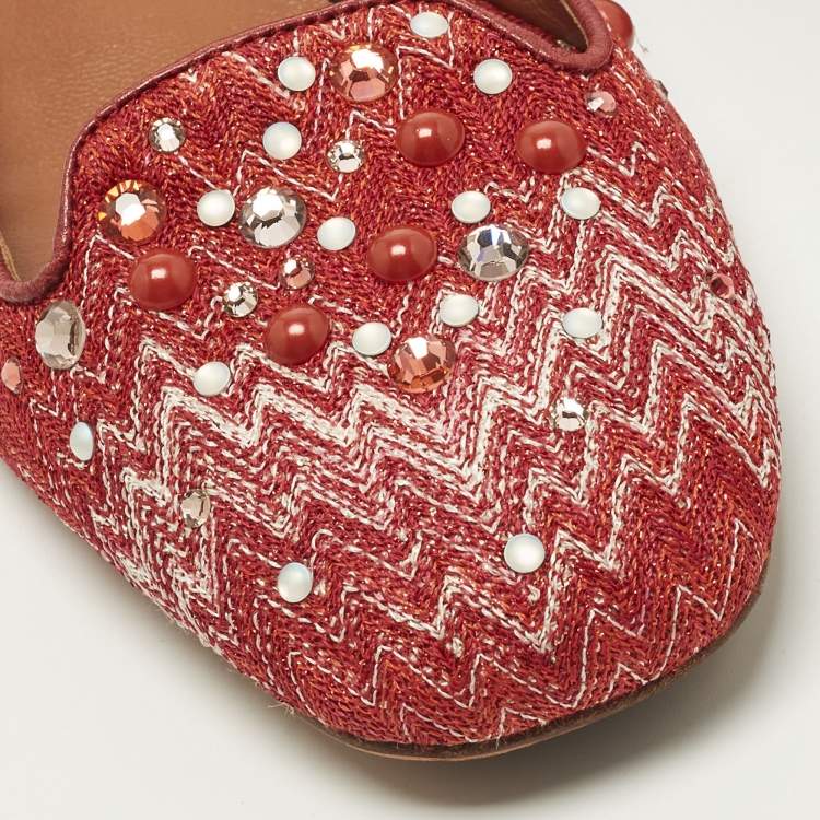 Pre Owned Missoni Size 38 Red Lurex Fabric Crystal Embellished Ballet Flats