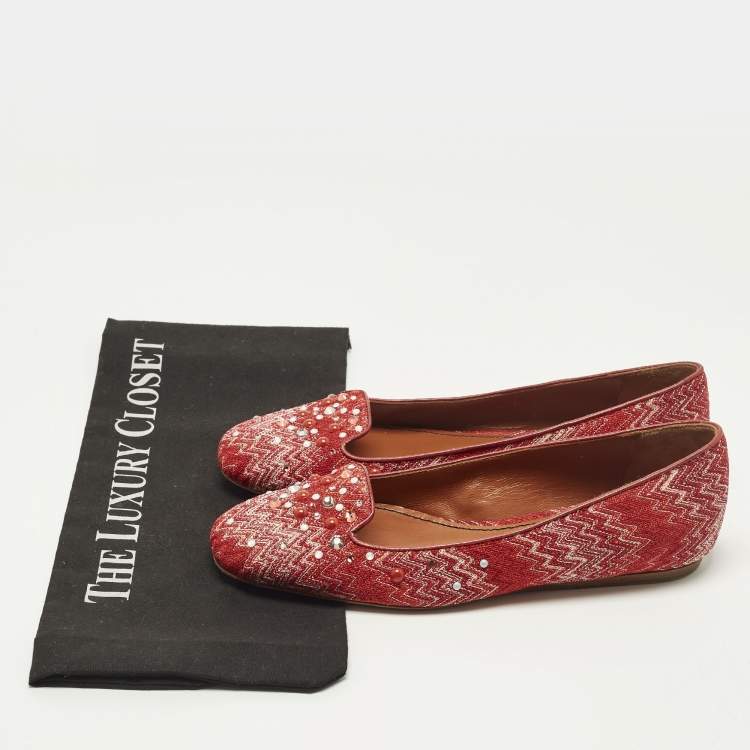 Pre Owned Missoni Size 38 Red Lurex Fabric Crystal Embellished Ballet Flats
