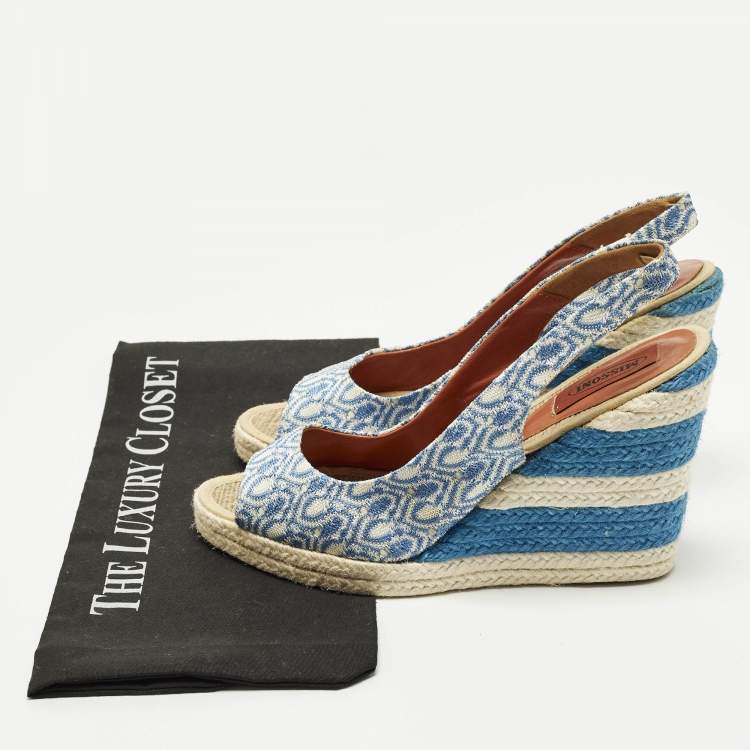 Pre Owned Missoni Size 39 Blue/White Brocade Fabric Wedge Slingback Sandals