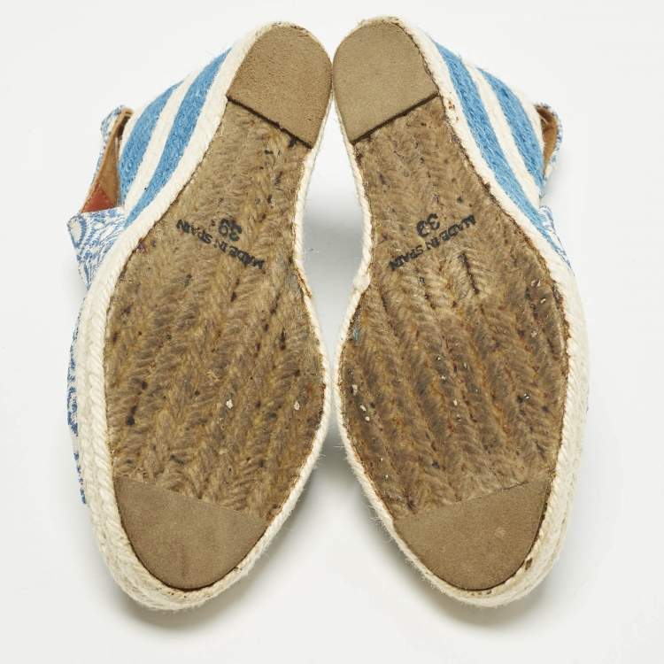 Pre Owned Missoni Size 39 Blue/White Brocade Fabric Wedge Slingback Sandals
