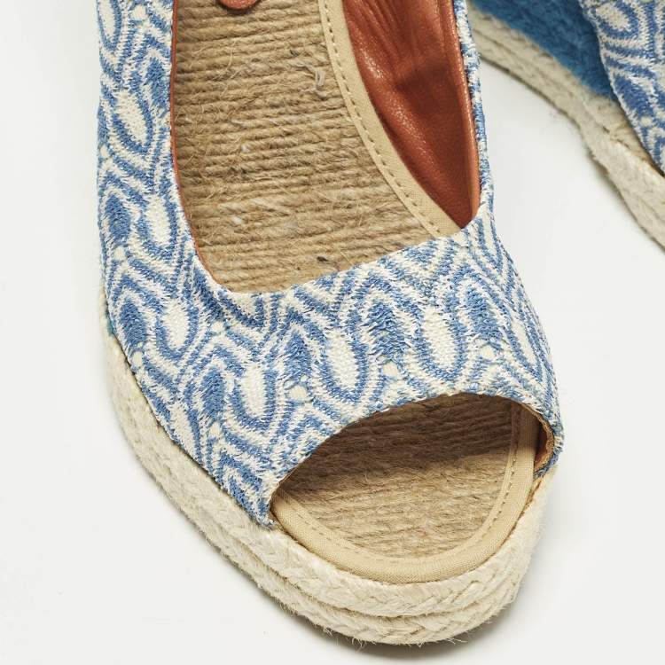 Pre Owned Missoni Size 39 Blue/White Brocade Fabric Wedge Slingback Sandals