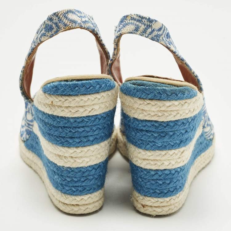 Pre Owned Missoni Size 39 Blue/White Brocade Fabric Wedge Slingback Sandals