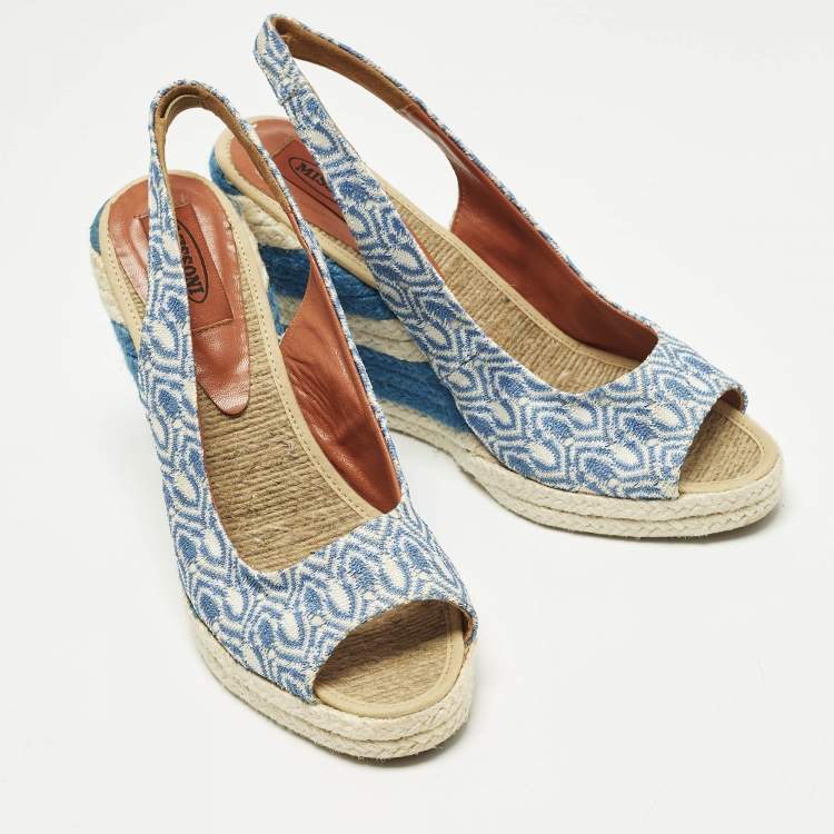 Pre Owned Missoni Size 39 Blue/White Brocade Fabric Wedge Slingback Sandals