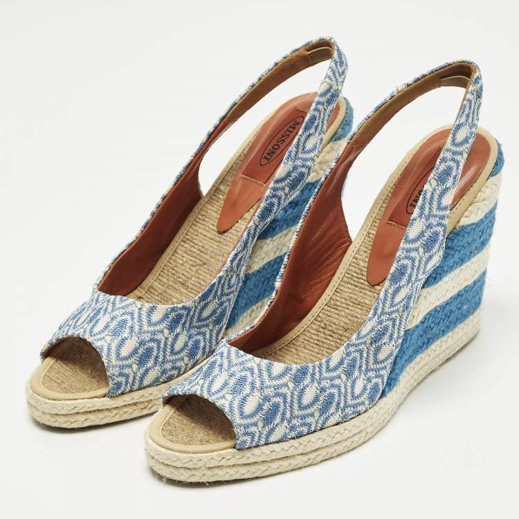 Pre Owned Missoni Size 39 Blue/White Brocade Fabric Wedge Slingback Sandals