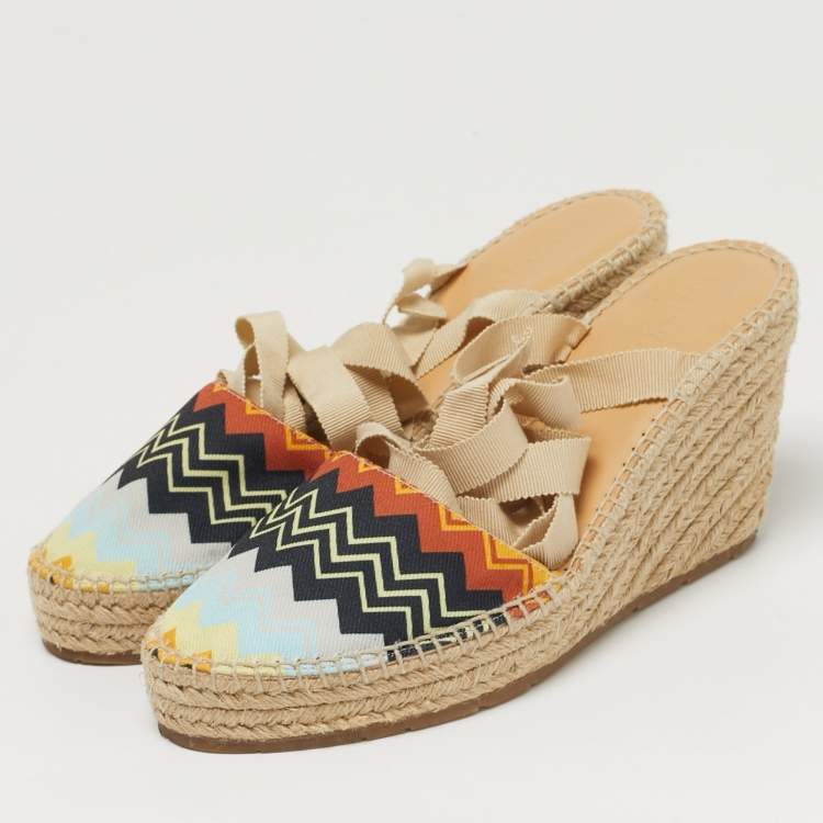 Pre Owned Missoni Size 38 Multicolor zig zag Canvas Espadrille Ankle Wrap Wedge Sandals