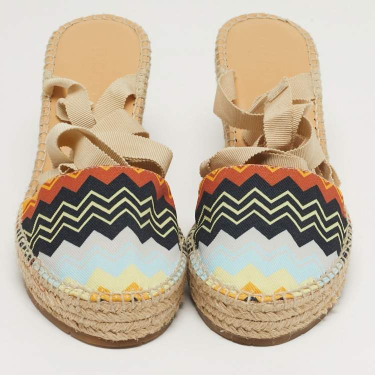 Pre Owned Missoni Size 38 Multicolor zig zag Canvas Espadrille Ankle Wrap Wedge Sandals