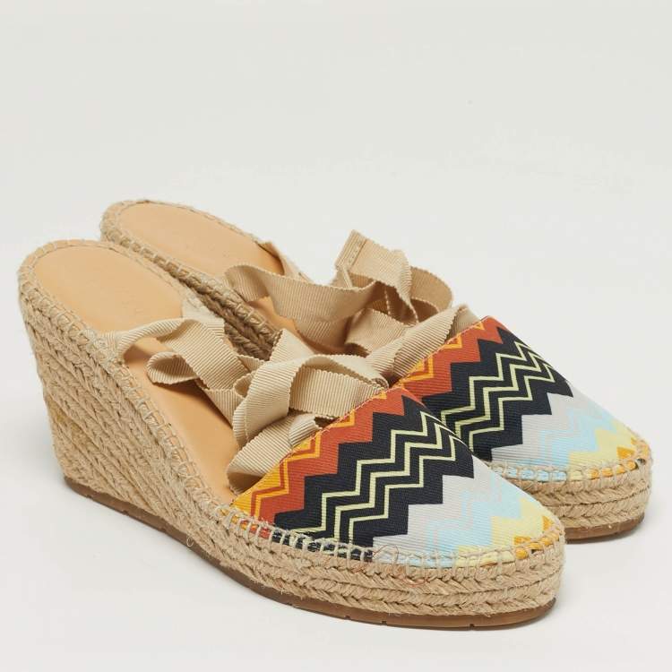 Pre Owned Missoni Size 38 Multicolor zig zag Canvas Espadrille Ankle Wrap Wedge Sandals