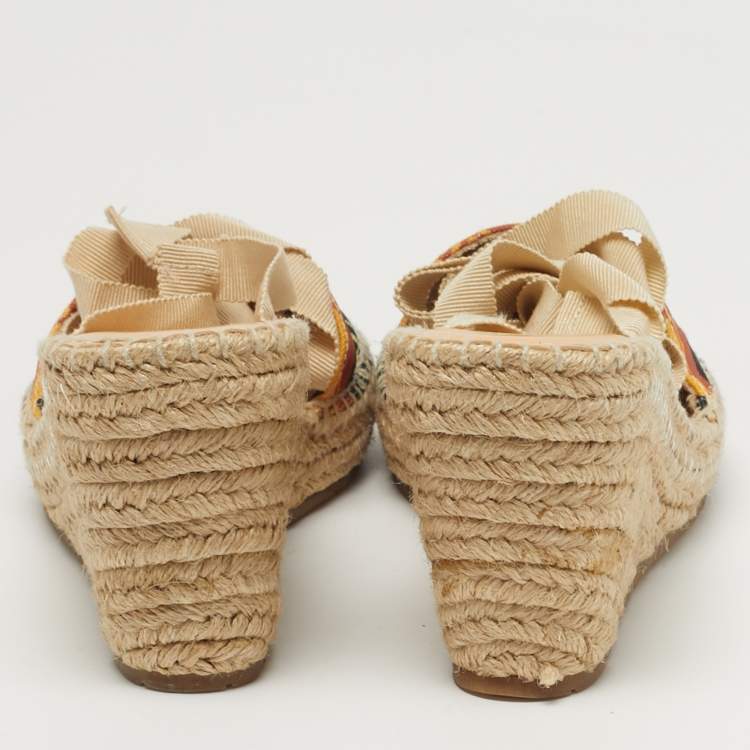 Pre Owned Missoni Size 38 Multicolor zig zag Canvas Espadrille Ankle Wrap Wedge Sandals