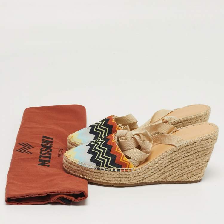 Pre Owned Missoni Size 38 Multicolor zig zag Canvas Espadrille Ankle Wrap Wedge Sandals
