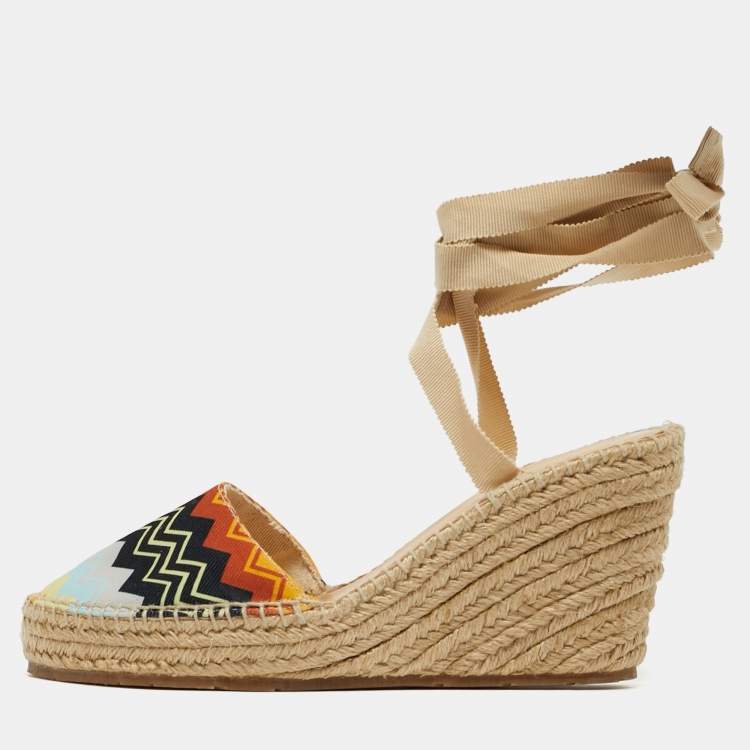 Pre Owned Missoni Size 38 Multicolor zig zag Canvas Espadrille Ankle Wrap Wedge Sandals