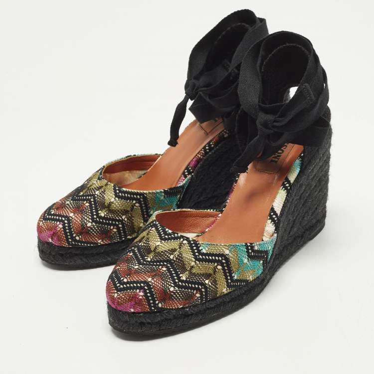 Pre Owned Missoni Size 37 Multicolor Fabric Wedge Ankle Wrap Espadrille Sandals