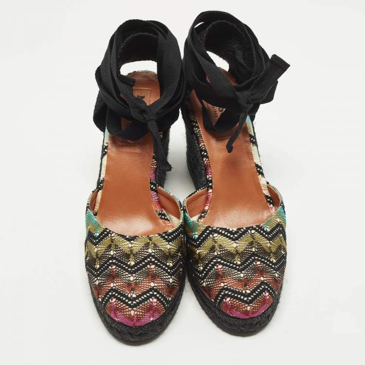 Pre Owned Missoni Size 37 Multicolor Fabric Wedge Ankle Wrap Espadrille Sandals