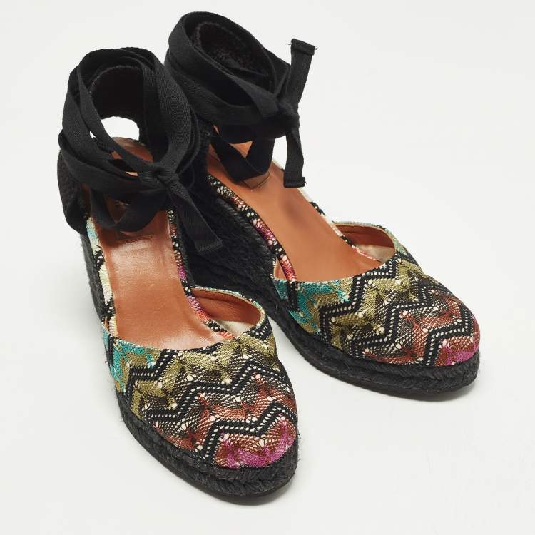 Pre Owned Missoni Size 37 Multicolor Fabric Wedge Ankle Wrap Espadrille Sandals