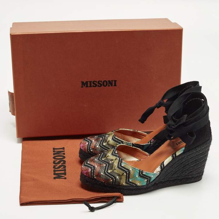 Pre Owned Missoni Size 37 Multicolor Fabric Wedge Ankle Wrap Espadrille Sandals
