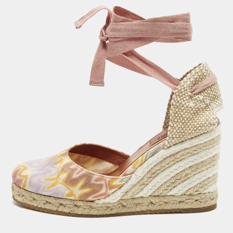 Pre Owned Missoni Size 36 Multicolor Fabric Wedge Ankle Wrap Espadrille Sandals